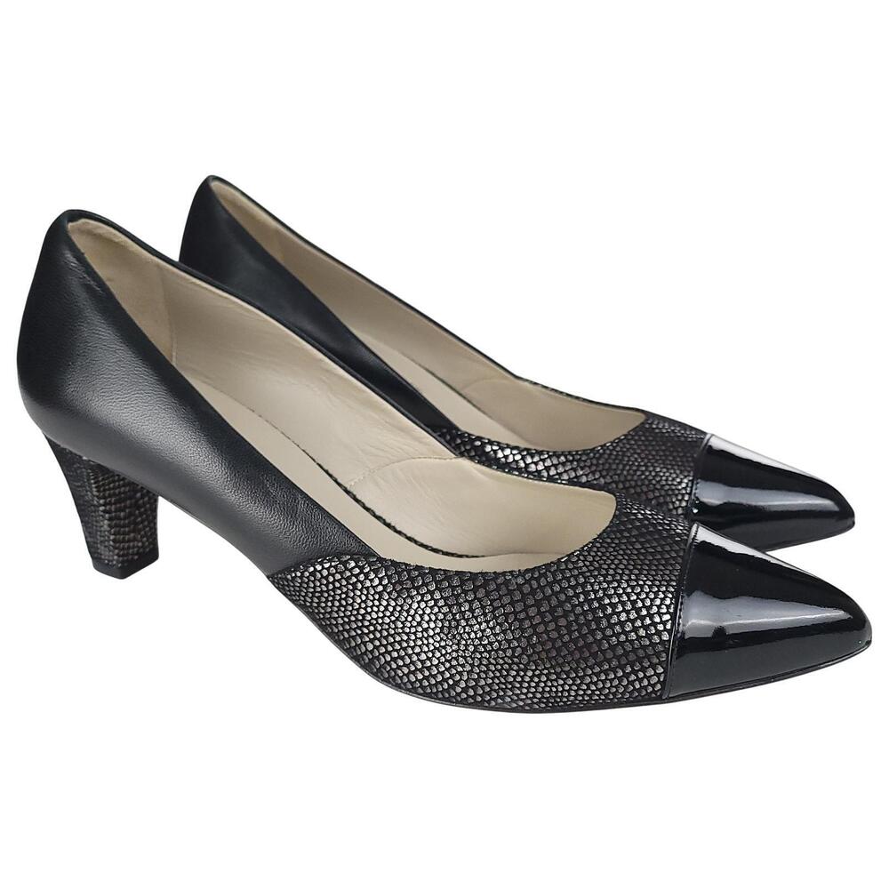 SAS Reina Pumps 10.5W Black Silver Patent Leather Cap Toe Slip On Heels